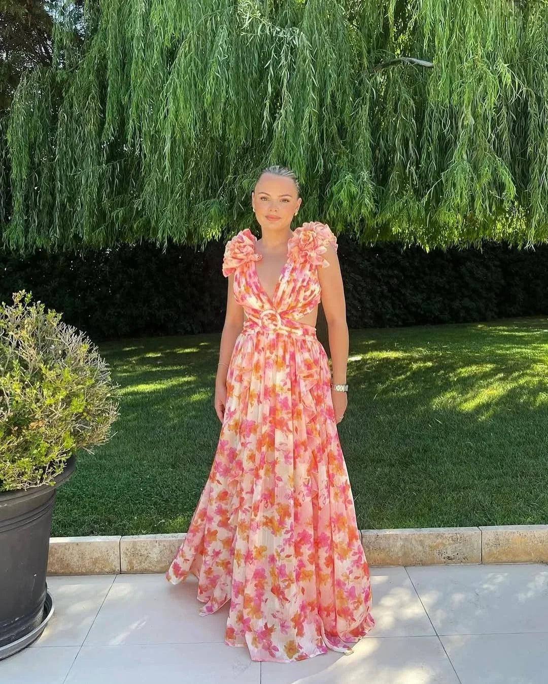 Maxi dress senza maniche donna con stampa floreale arancione