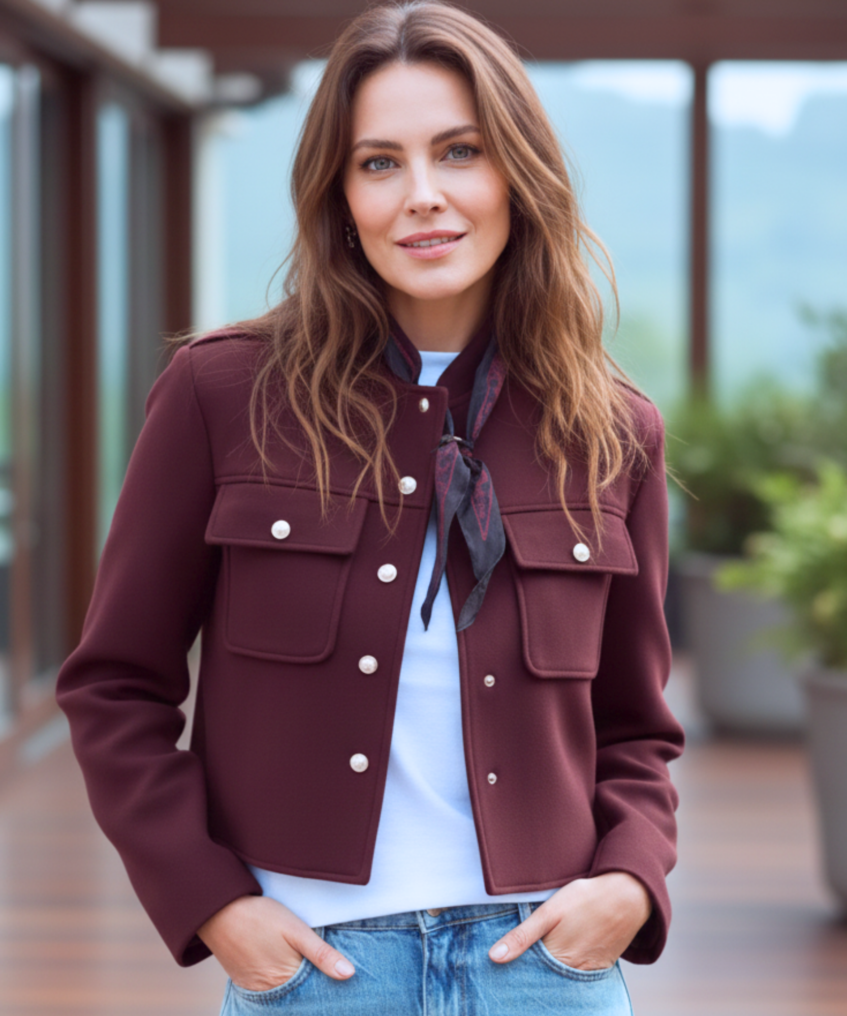 Texture tessuto lana morbida su giacca militare donna con bottoni dorati