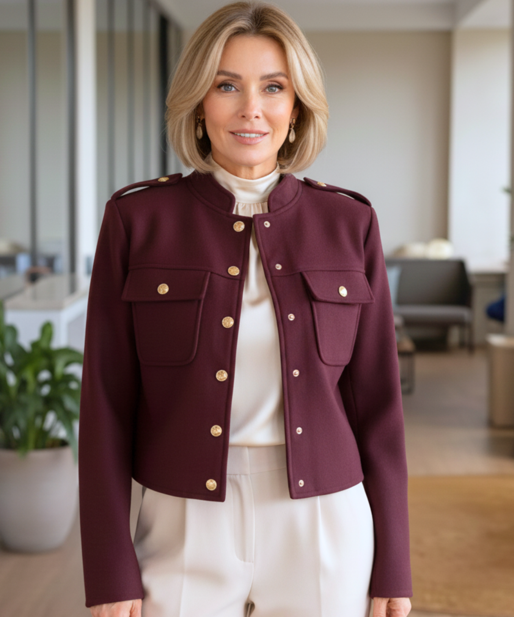 Vista frontale giacca militare donna in lana con colletto strutturato