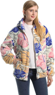Giacca donna Fioria in teddy fleece con stampa floreale colorata e cappuccio