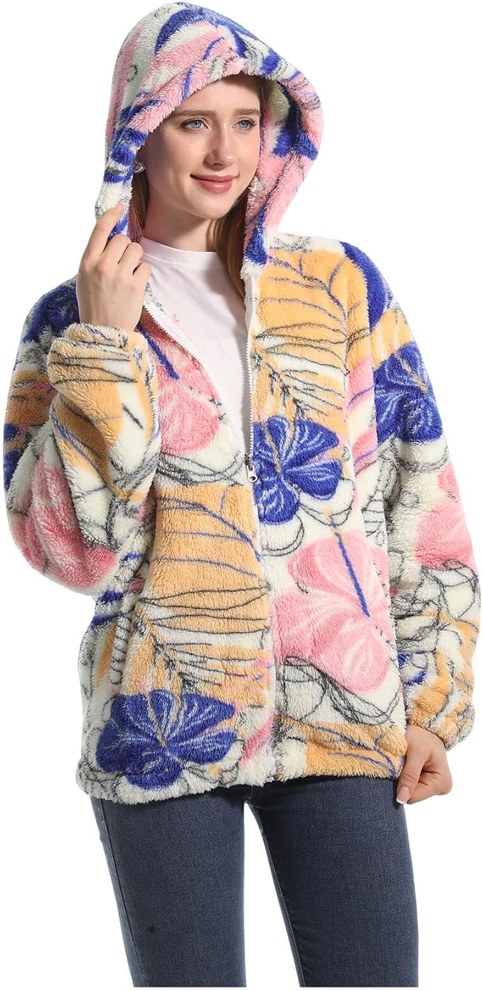 Vista posteriore della giacca donna Fioria in teddy fleece floreale