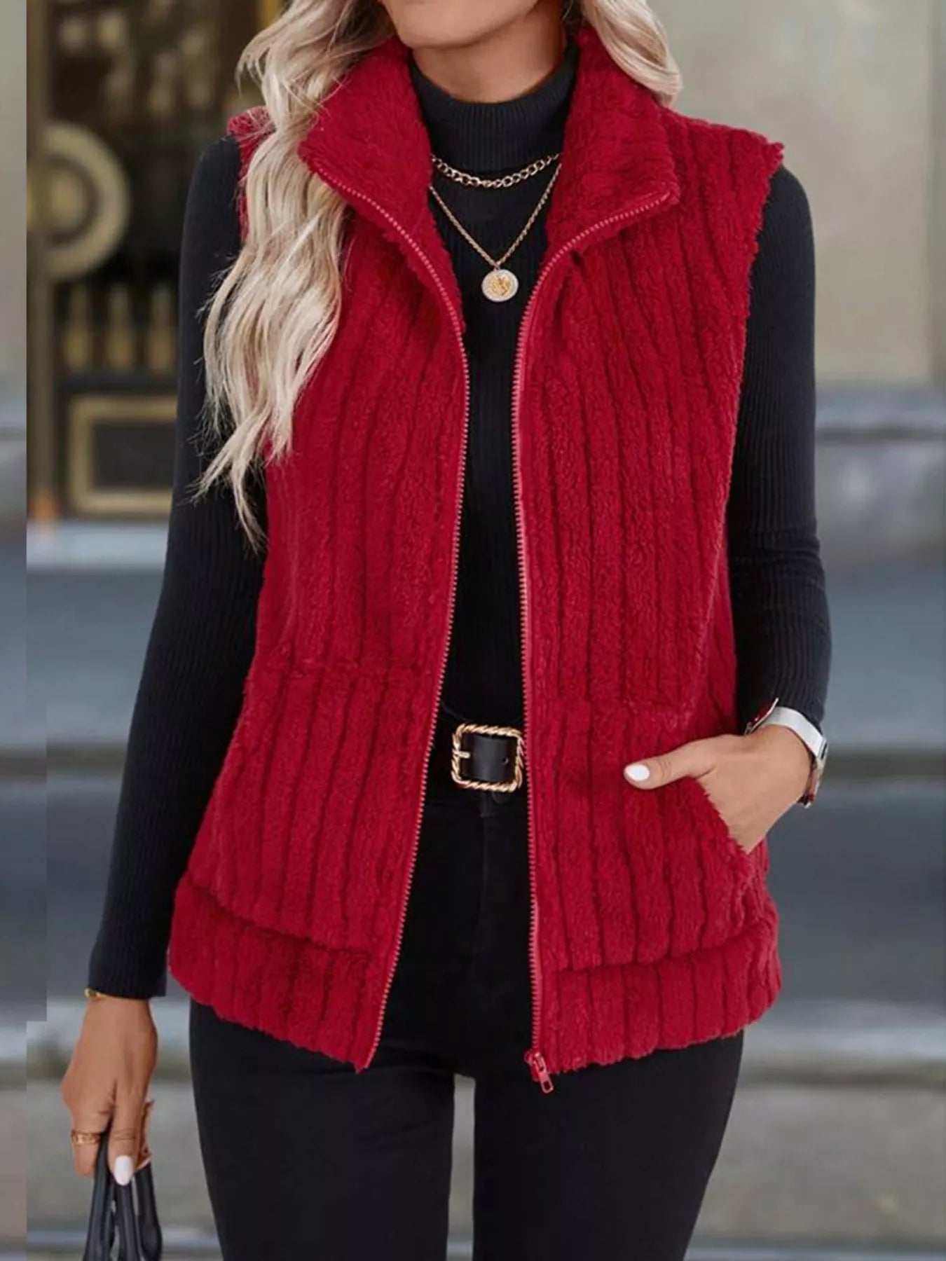 Gilet pile donna colore rosso taglia 2XL dettaglio zip