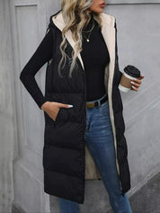 Gilet imbottito lungo nero albicocca con zip frontale