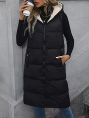 Vista posteriore gilet lungo foderato con cappuccio