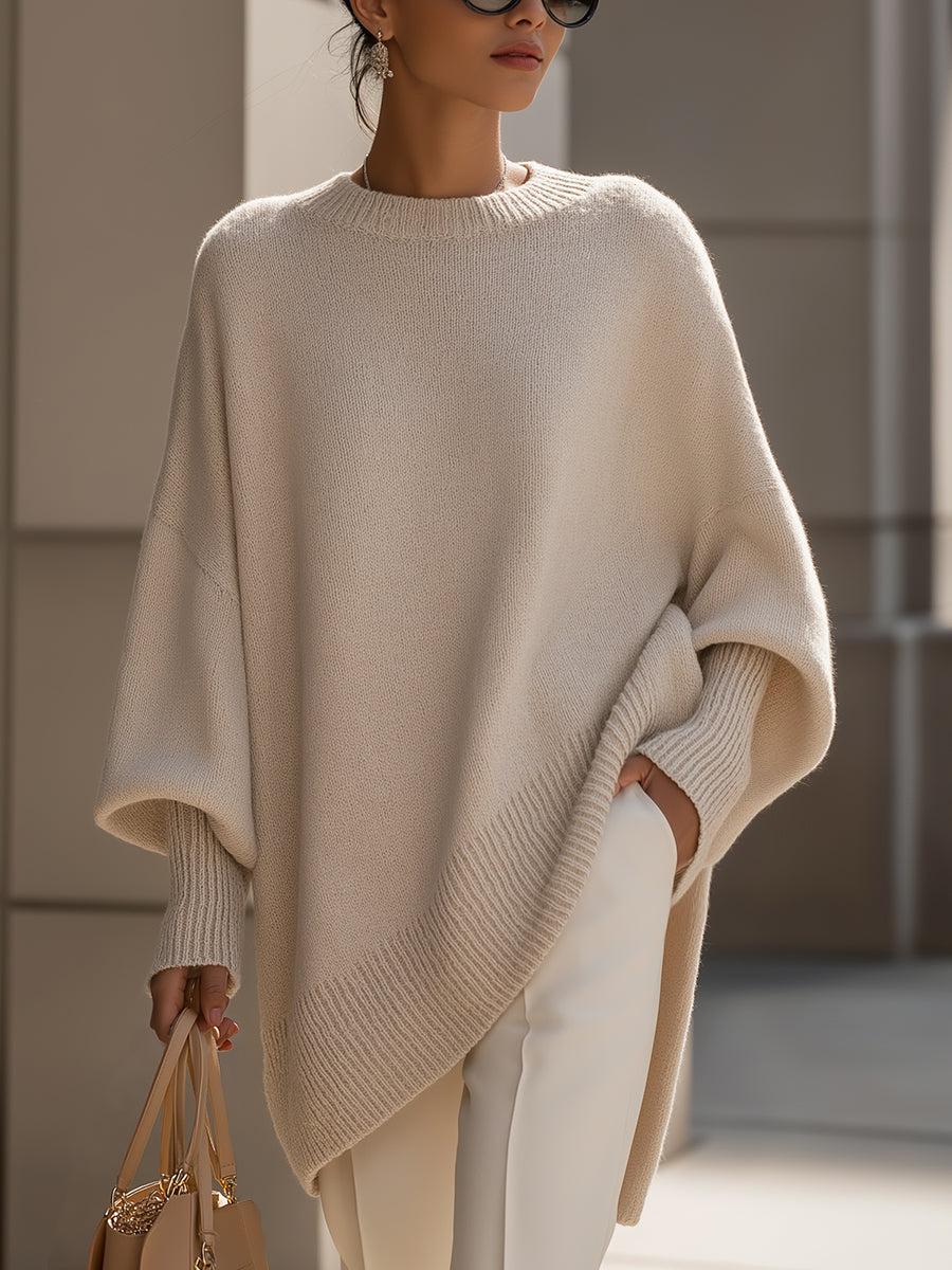 Poncho oversize donna in maglia morbida misto lana color beige