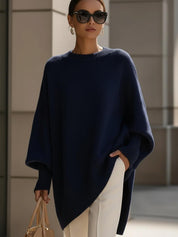 Poncho oversize elegante donna in maglia navy blue vestibilità rilassata