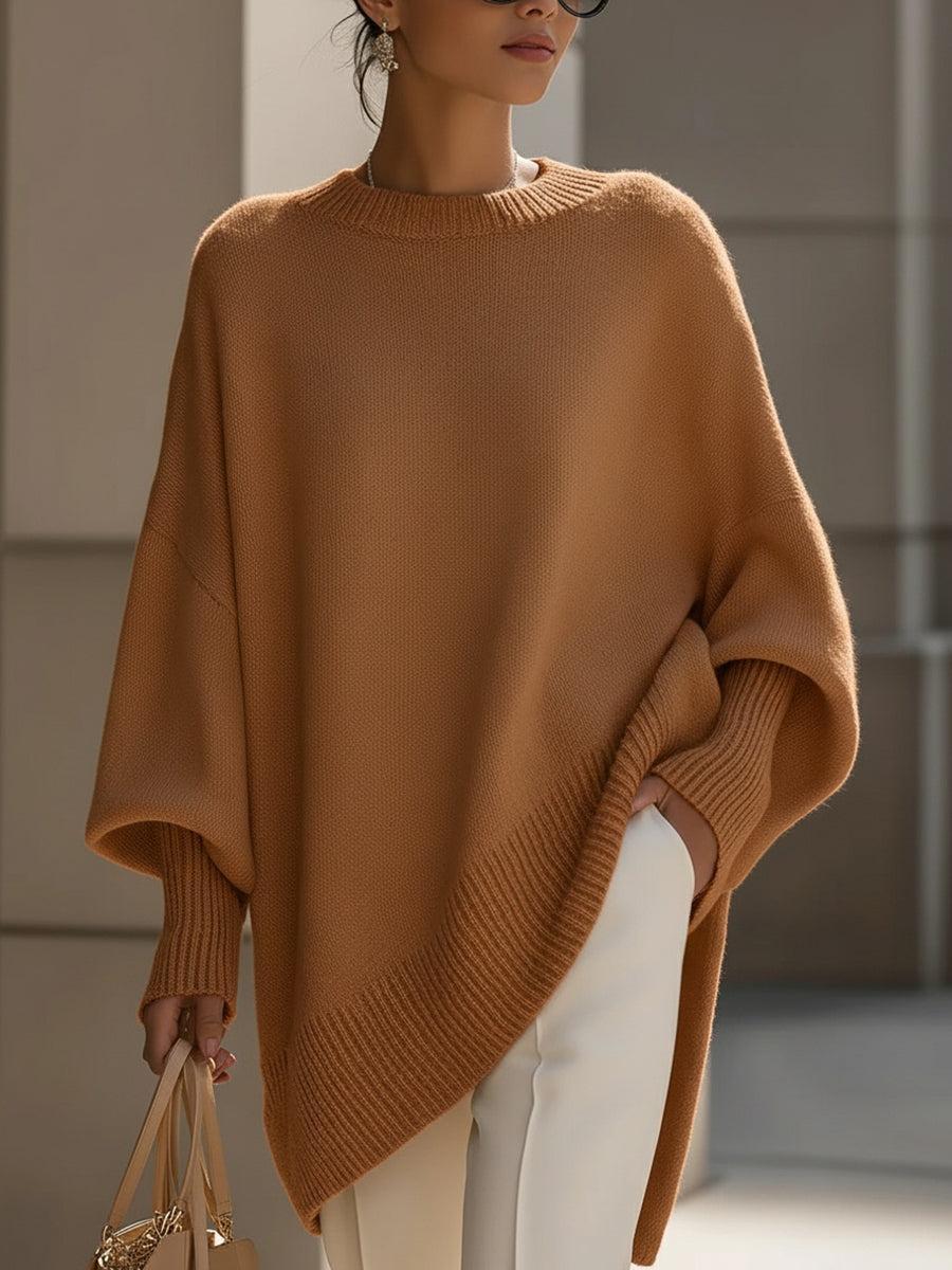 Dettaglio polsini a costa poncho maglia donna color caramel