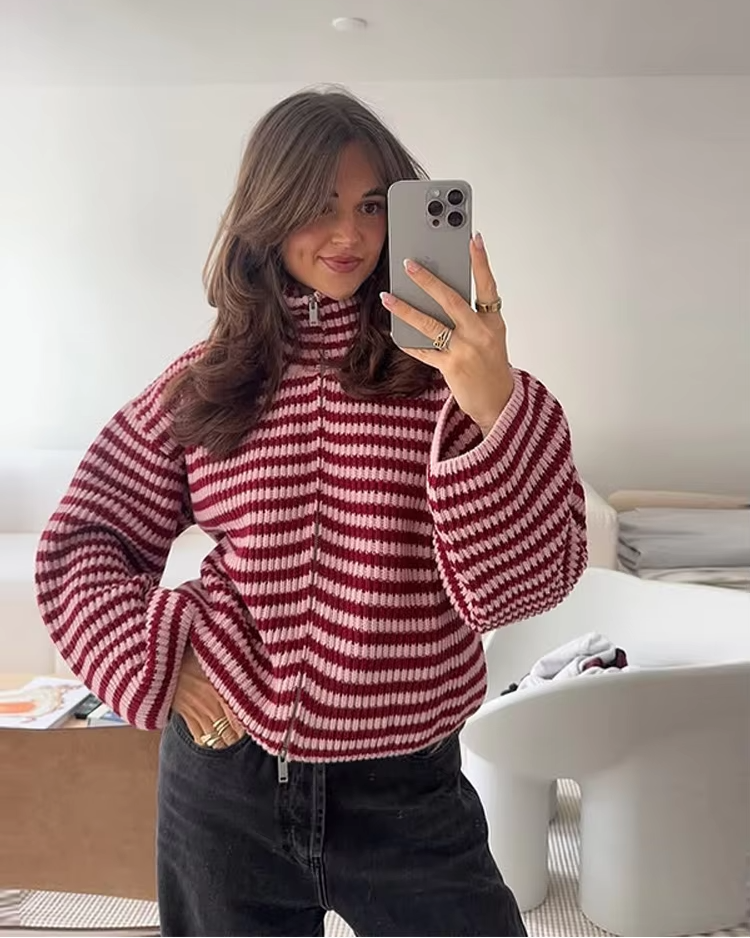 Maglione a collo alto donna in maglia costolata color rosso