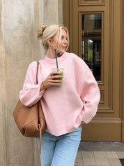 Maglione donna a girocollo in poliestere rosa con maniche lunghe