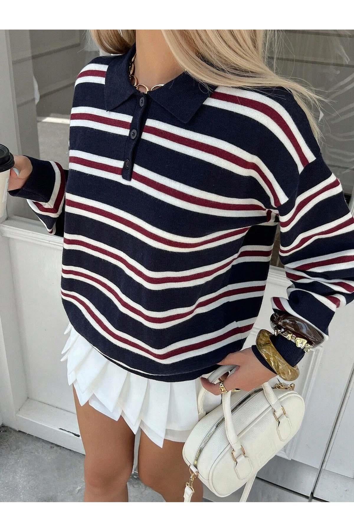 Maglione donna a righe blu navy con collo polo abbottonato