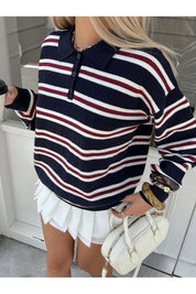 Maglione donna a righe blu navy con collo polo abbottonato
