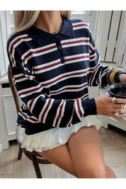 Maglione tricot donna a righe blu navy vista laterale