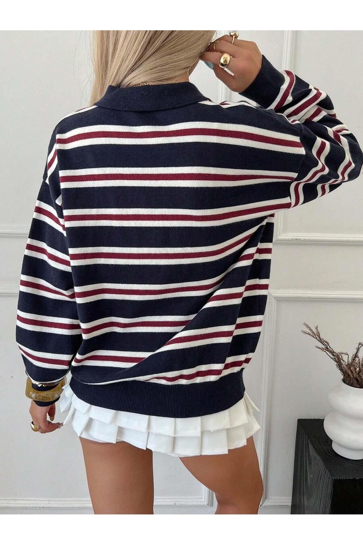 Pullover donna con collo polo elegante in maglia a righe