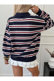 Pullover donna con collo polo elegante in maglia a righe