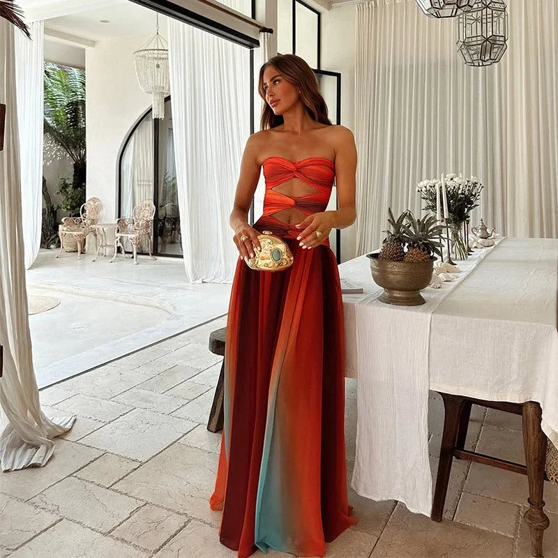 Maxi dress senza spalline donna multicolor rosso e arancio, taglio fluido estivo