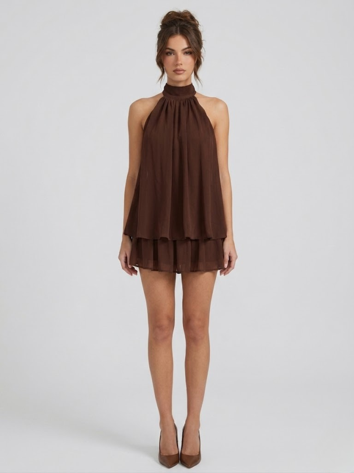 Mini dress donna taglia L marrone con movimento fluido delle balze