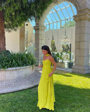 Mirella maxi dress plissettato giallo lime senza spalline da donna