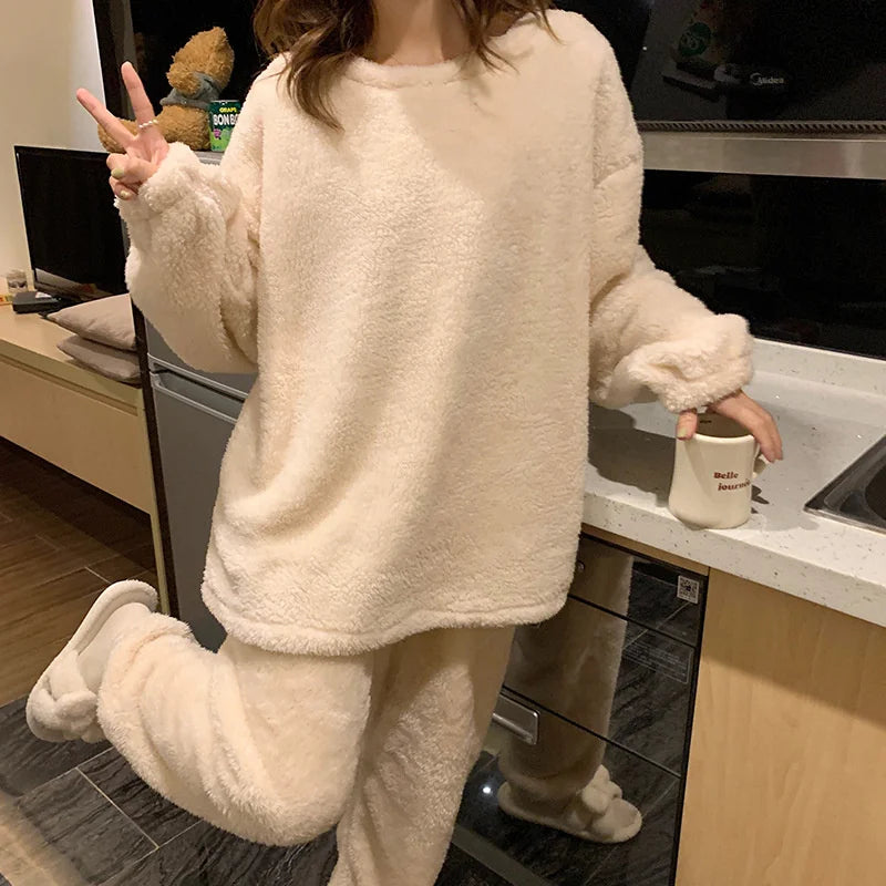 Set pigiama donna in pile fluffy con felpa e pantalone lungo