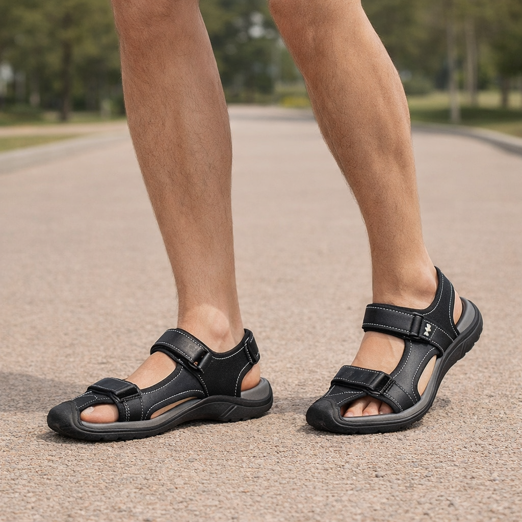 Sandali da uomo in pelle traspirante antiscivolo colore nero, vista frontale