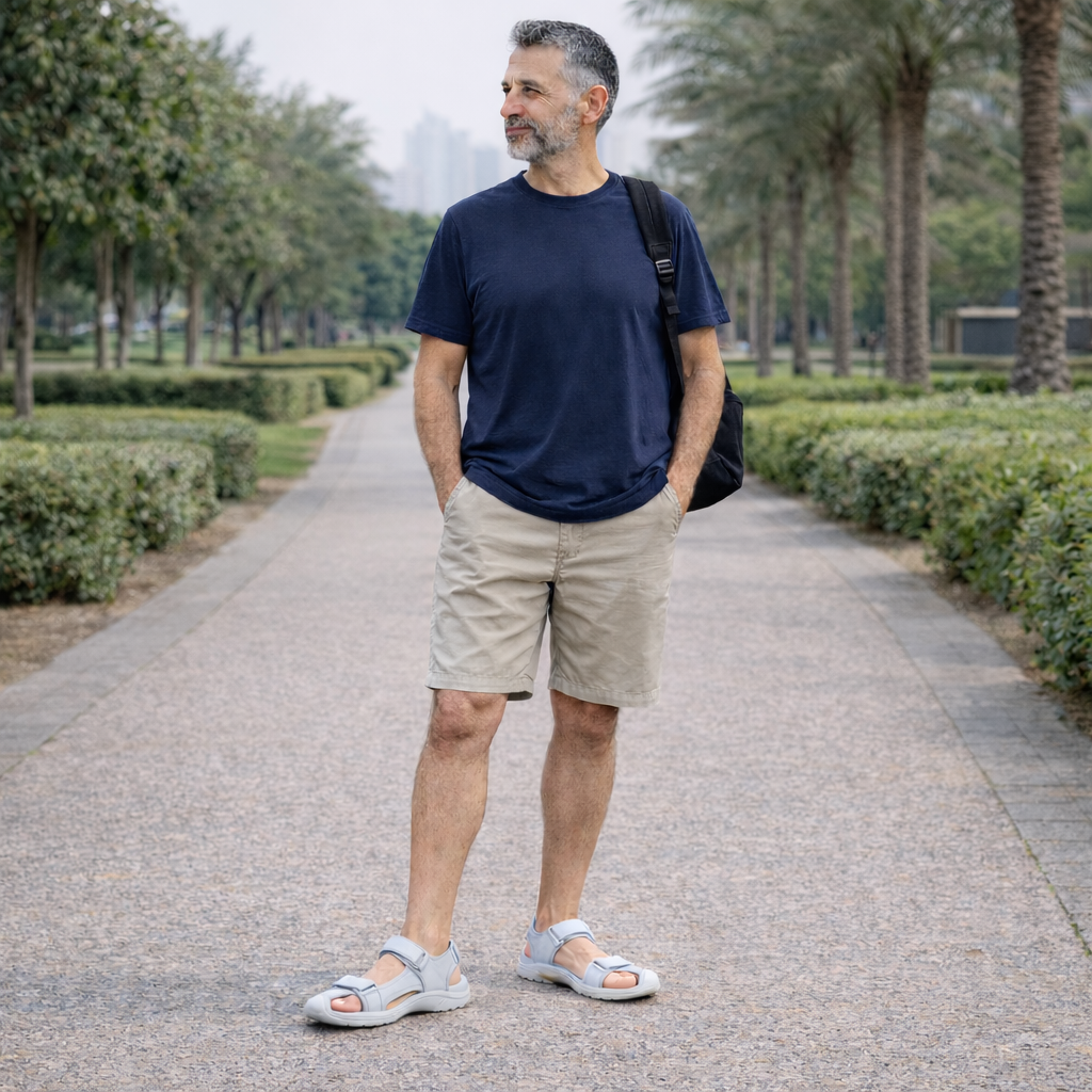 Sandali casual da uomo in pelle traspirante, indossati in ambiente urbano