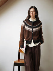 Cardigan donna in lana con motivo jacquard a diamante color Royal Brown