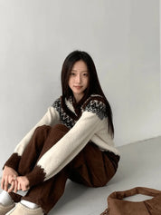Cardigan invernale donna in lana jacquard colore marrone per uso quotidiano