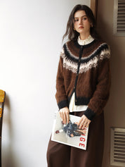Dettaglio motivo jacquard a diamante cardigan donna in lana