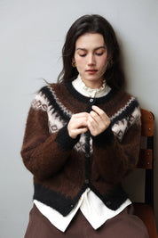 Cardigan donna marrone con maniche raglan lunghe in lana pregiata