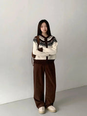 Vista frontale cardigan donna jacquard in lana colore Royal Brown