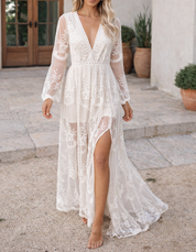 Maxi dress donna in pizzo con scollo a V e spacco alto stile boemo