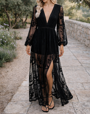 Abito lungo donna con maniche lunghe e spacco laterale alto elegante