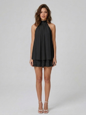 Vista laterale mini dress donna marrone con volant dinamici