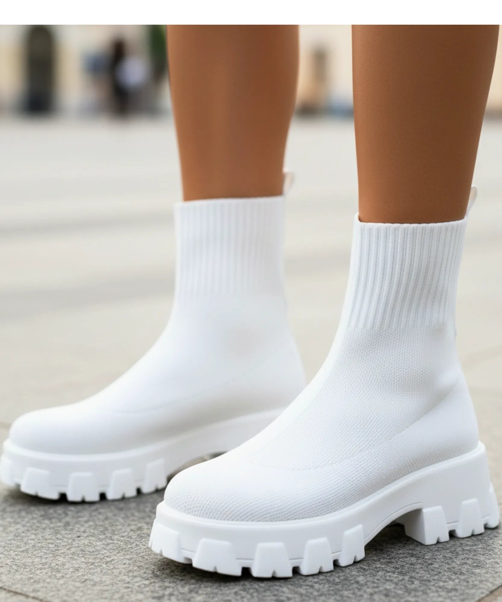 Stivale in maglia elastica donna avorio, dettaglio gambale medio