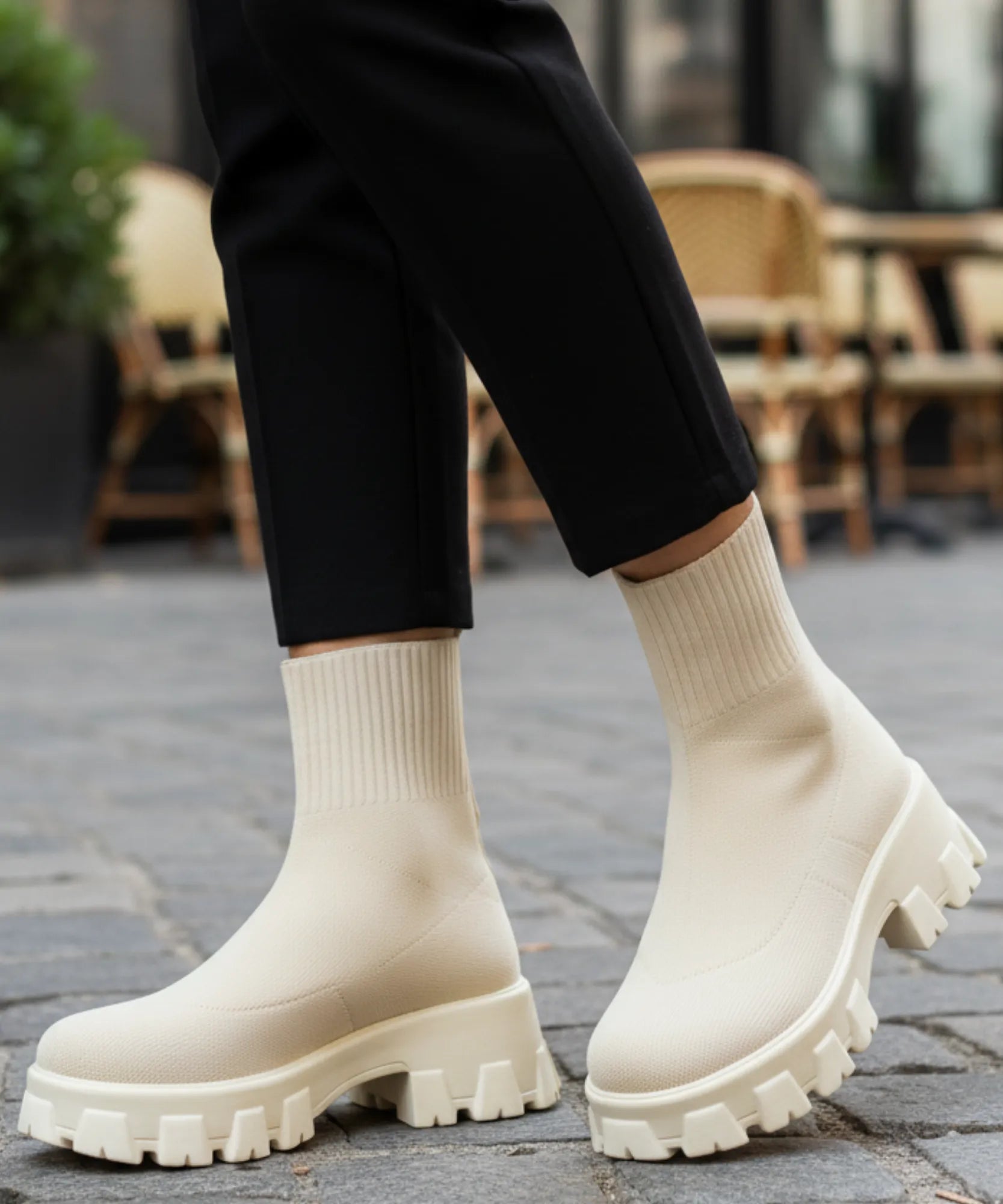Stivale sock boot donna avorio con gambale medio e suola chunky