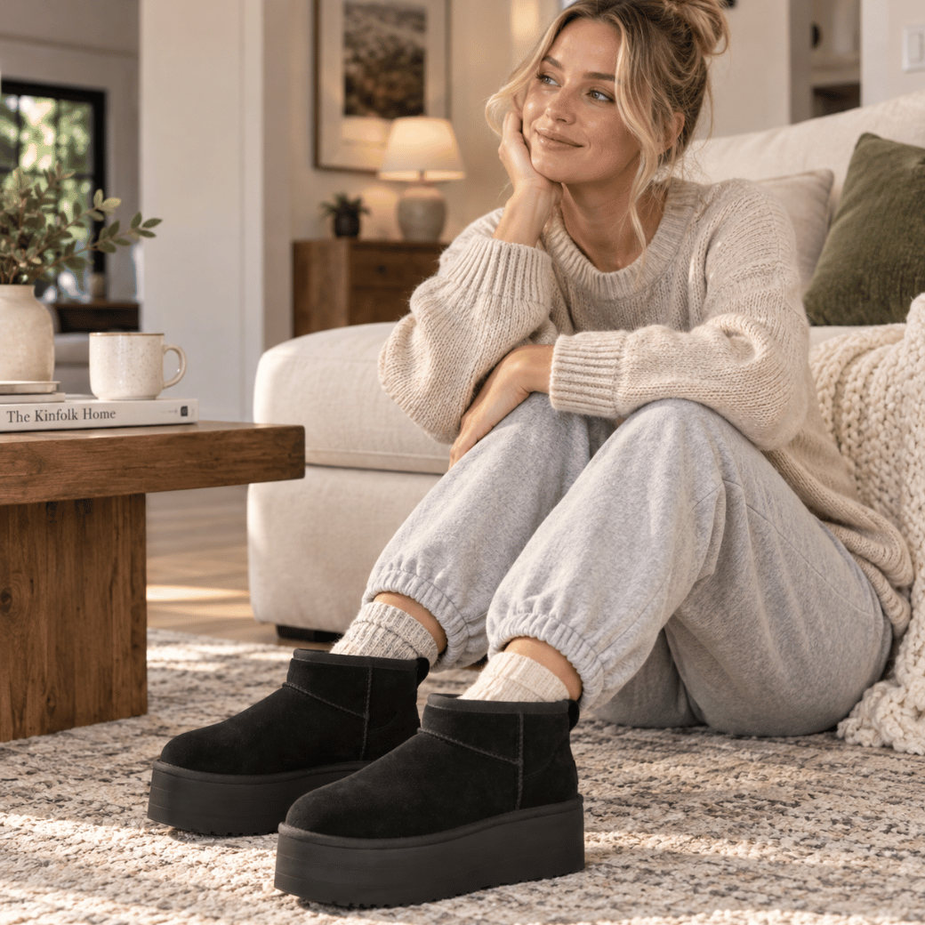 Stivaletti platform donna sabbia su parquet legno chiaro