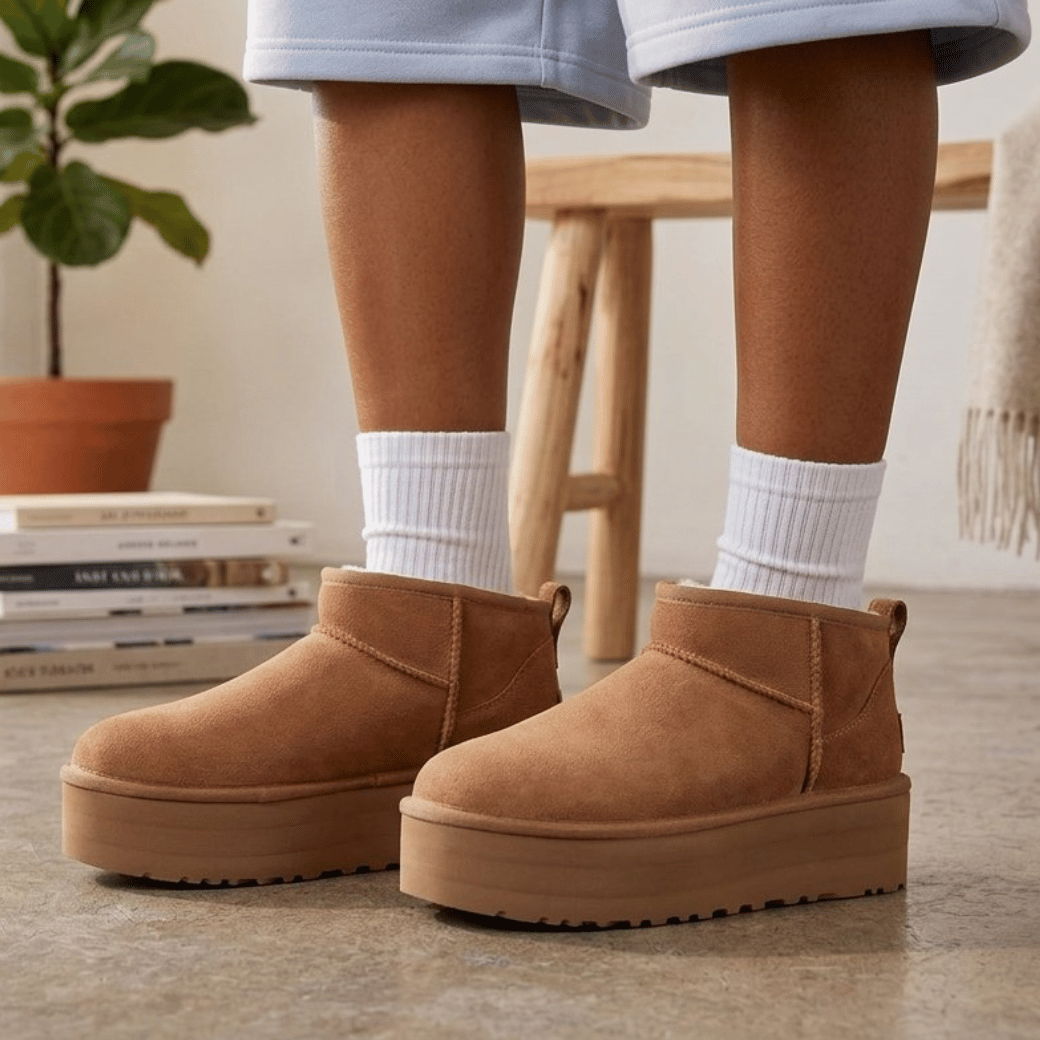 Stivaletti sheepskin donna indossati con jeans skinny castagna