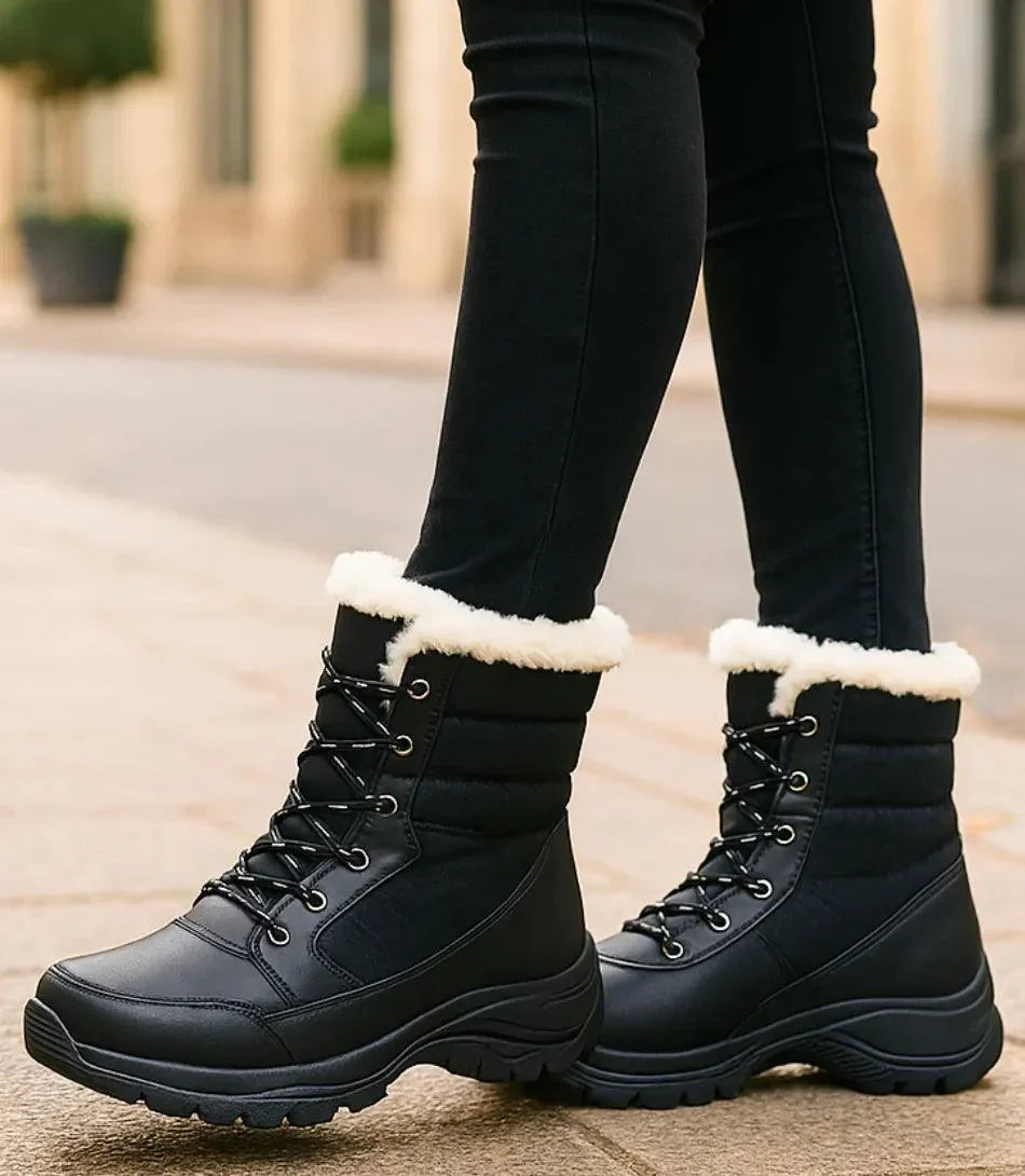 Stivali da neve donna beige con gambale trapuntato e suola in gomma