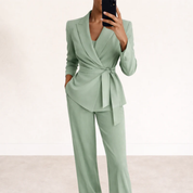 Tailleur donna due pezzi blazer doppiopetto e pantalone wide leg colore verde