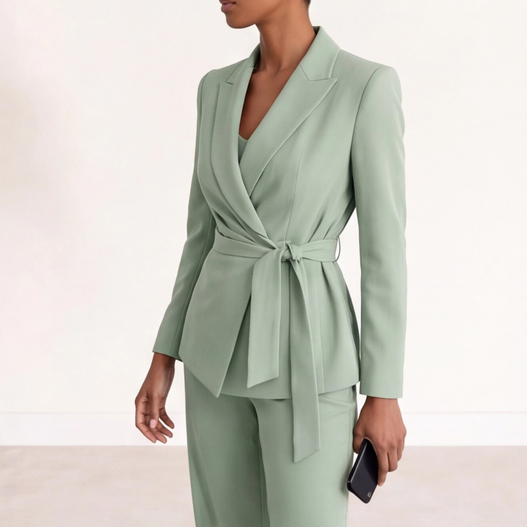 Completo donna elegante blazer con cintura e pantalone a gamba larga beige