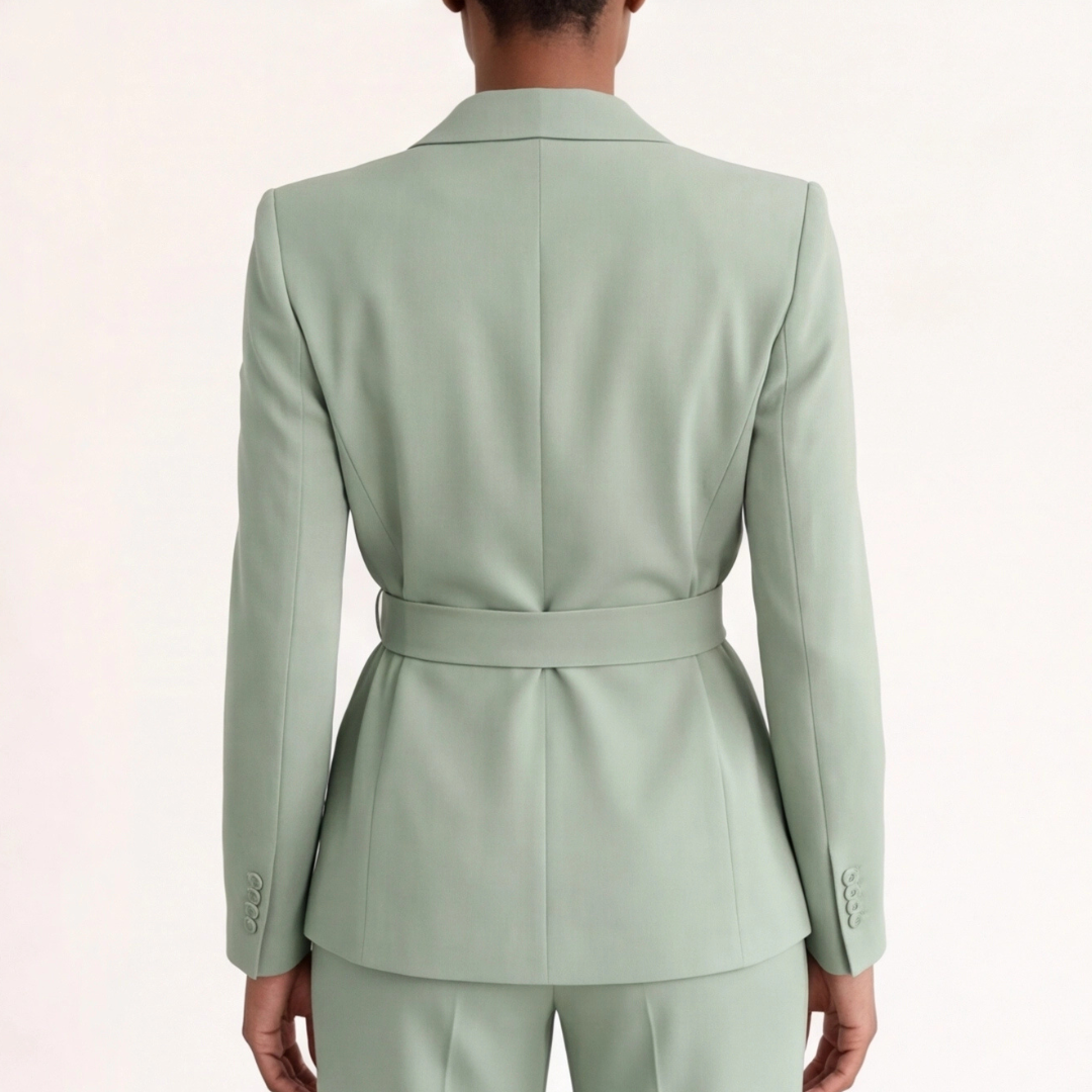 Donna indossa tailleur chic blazer e wide leg per look ufficio moderno