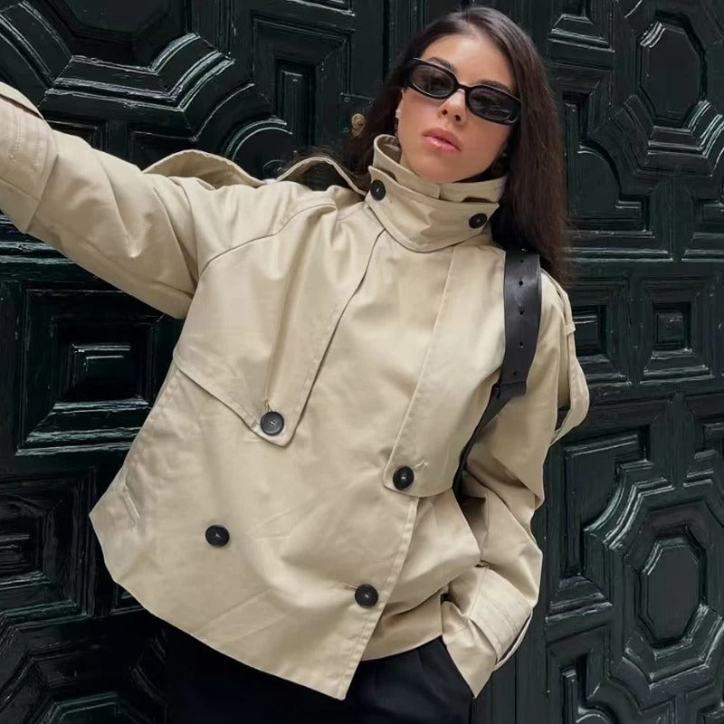 Trench coat donna impermeabile color kaki con taglio lungo e cintura regolabile