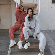 Tuta sportiva donna in cotone rosa salmone con felpa con cappuccio e pantalone coordinato