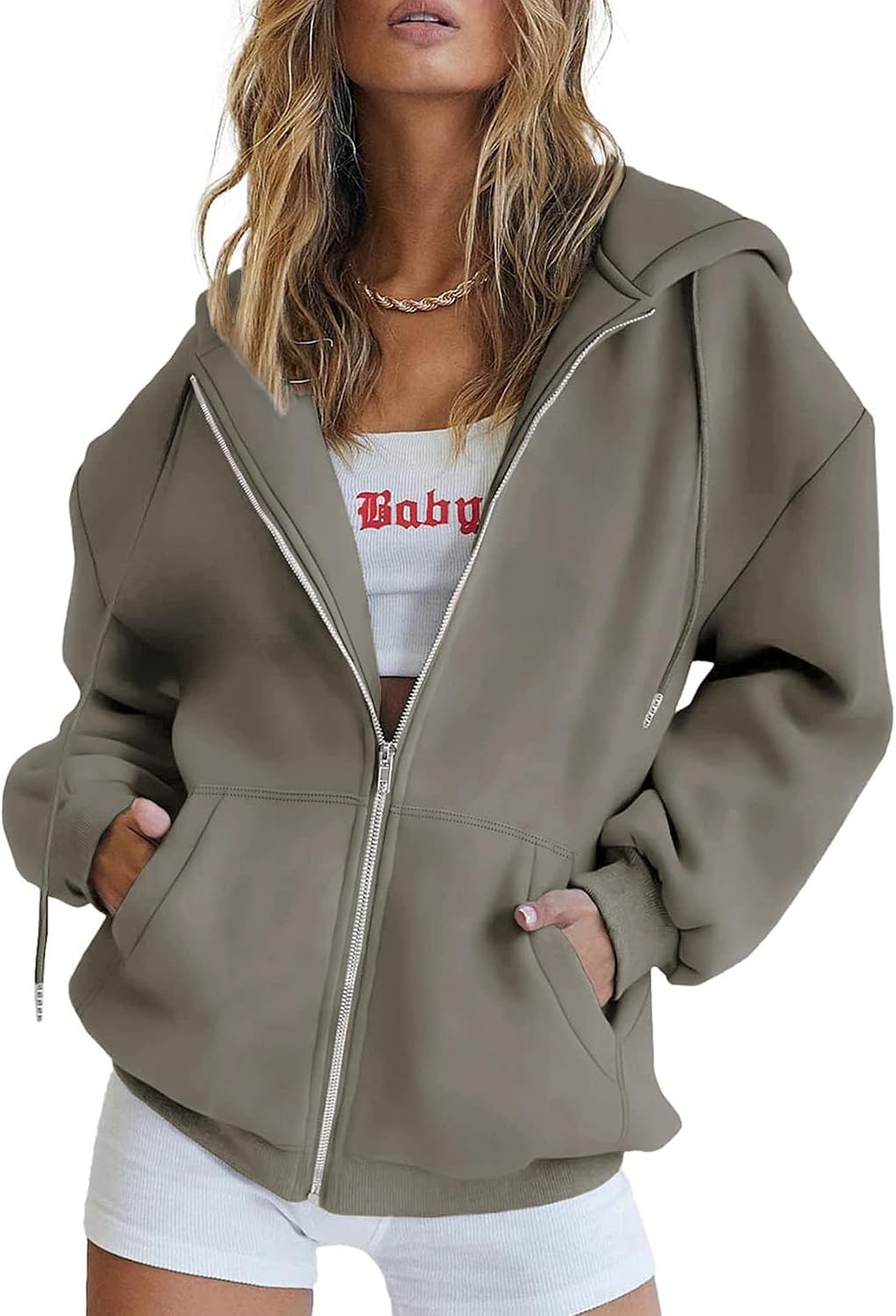 Felpa donna oversize con zip intera e cappuccio Virelle in colore marrone chiaro