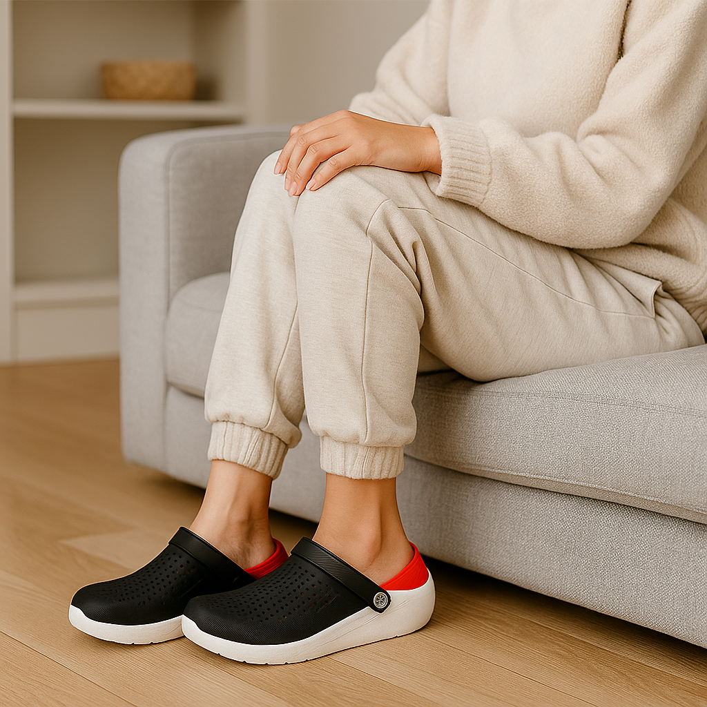 Vista laterale zoccoli ortopedici donna suola piatta 1–3 cm